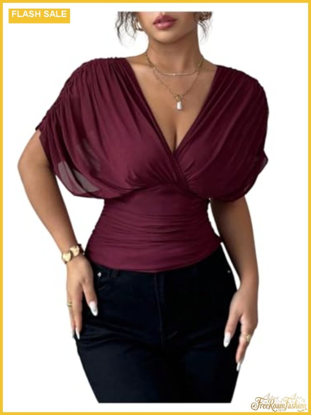Milumia Ruched Mesh T-Shirt Short Sleeve Wrap Cinched Waist Top Casual